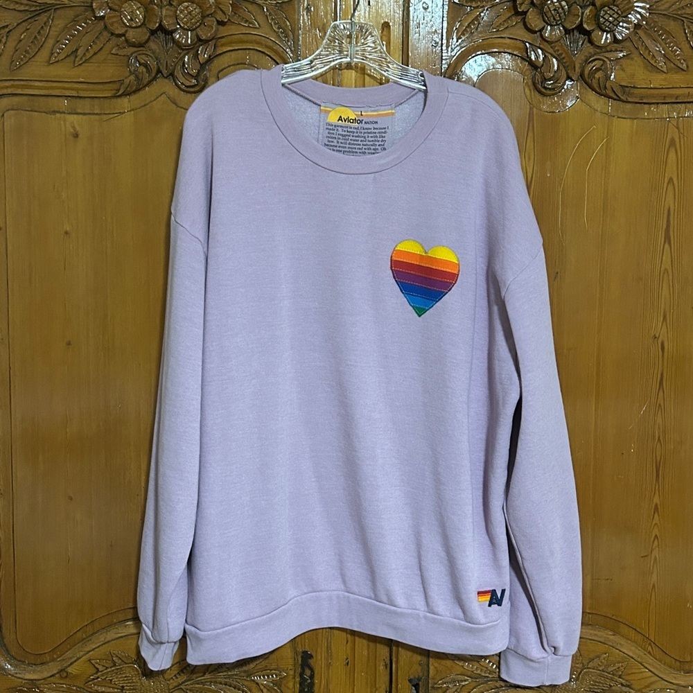Aviator Nation Mauve Swestshirt with Rainbow Heart Relaxed Crew Sweatshirt Large - Picture 4 of 5